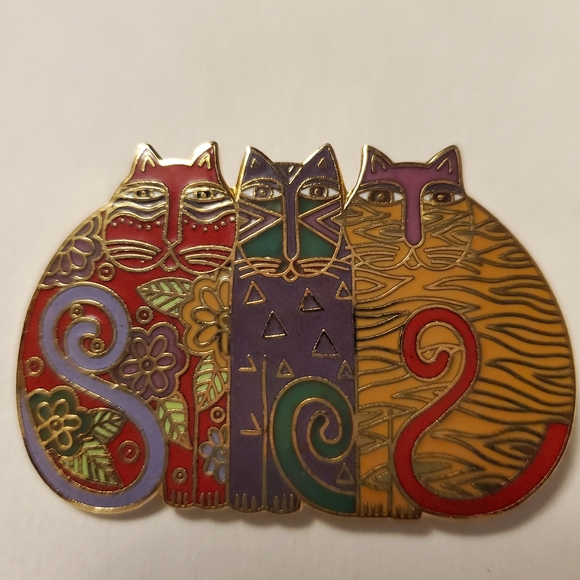 RARE Vintage Laurel Burch "Mysticats" Brooch 80s Cat Pin Cloisonne - Picture 2 of 4